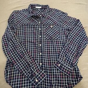 Maurices navy plaid stripe long sleeve ladies women size medium collar top shirt